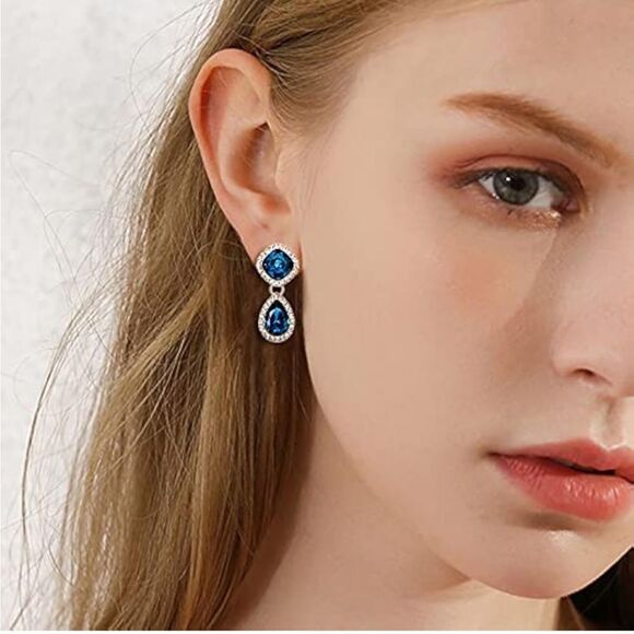 Silver with London Blue Topaz Austrian Crystal Rhombus Teardrop Post Earrings - Picture 3 of 4